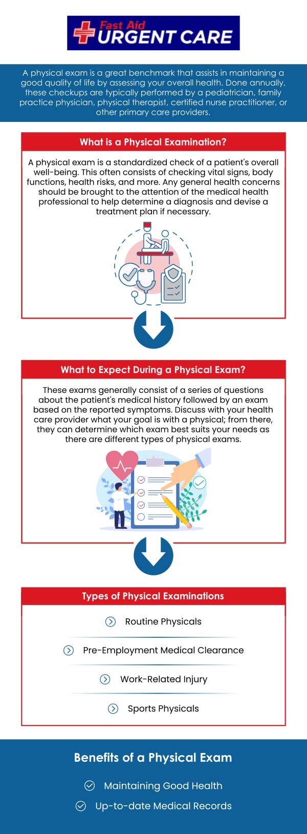 A physical examination is a healthcare professional's checkup that evaluates health, aids early detection of health issues, monitors conditions, identifies risk factors, tracks chronic conditions, and makes necessary treatment adjustments. Dr. Curtis Grote, MD at Fast Aid Urgent Care offers comprehensive physical examinations that are performed by our trained healthcare specialists. For more information, contact us or join the virtual line. We have convenient locations to serve you in Bulverde Rd San Antonio TX, Bastrop TX, Alamo Ranch San Antonio TX, La Grange TX, Leon Springs San Antonio TX, New Braunfels TX, Potranco Road San Antonio TX, and Dripping Springs TX. A physical examination is a healthcare professional's checkup that evaluates health, aids early detection of health issues, monitors conditions, identifies risk factors, tracks chronic conditions, and makes necessary treatment adjustments. Dr. Curtis Grote, MD at Fast Aid Urgent Care offers comprehensive physical examinations that are performed by our trained healthcare specialists. For more information, contact us or join the virtual line. We have convenient locations to serve you in Bulverde Rd San Antonio TX, Bastrop TX, Alamo Ranch San Antonio TX, La Grange TX, Leon Springs San Antonio TX, New Braunfels TX, Potranco Road San Antonio TX, and Dripping Springs TX.