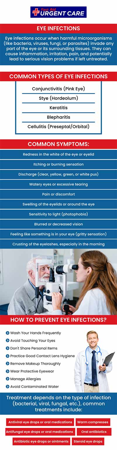 Are you experiencing an eye infection? Don’t worry! Our doctors and medical staff provide comprehensive treatment at Fast Aid Urgent Care. For more information, contact us or join the virtual line. We have convenient locations to serve you in Bulverde Rd San Antonio TX, Bastrop TX, Alamo Ranch San Antonio TX, La Grange TX, Leon Springs San Antonio TX, New Braunfels TX, Potranco Road San Antonio TX, Dripping Springs TX, Lemon Creek Boerne TX, and Belle Chasse LA.