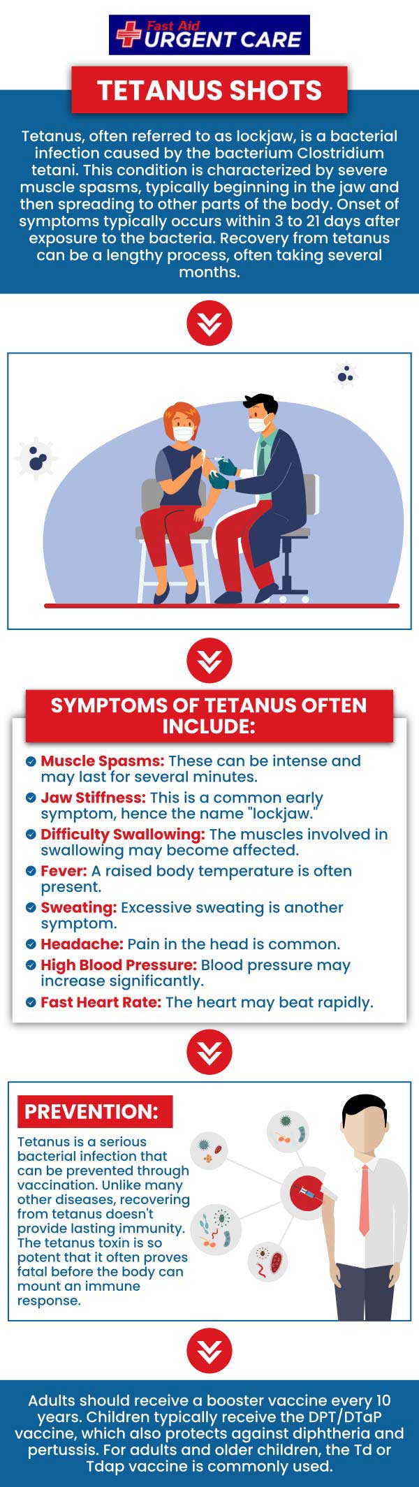If you have recently punctured a part of your body with a dirty or clean object, and want to visit a doctor for a tetanus shot or recommendation, visit FastAid Urgent Care. Call us for more info or join the virtual line. We also accept walk-ins. We have convenient locations to serve you in Bulverde Rd San Antonio TX, Bastrop TX, Alamo Ranch San Antonio TX, La Grange TX, Leon Springs San Antonio TX, New Braunfels TX, Potranco Road San Antonio TX, Dripping Springs TX, Lemon Creek Boerne TX, and Belle Chasse LA. If you have recently punctured a part of your body with a dirty or clean object, and want to visit a doctor for a tetanus shot or recommendation, visit FastAid Urgent Care. Call us for more info or join the virtual line. We also accept walk-ins. We have convenient locations to serve you in Bulverde Rd San Antonio TX, Bastrop TX, Alamo Ranch San Antonio TX, La Grange TX, Leon Springs San Antonio TX, New Braunfels TX, Potranco Road San Antonio TX, Dripping Springs TX, Lemon Creek Boerne TX, and Belle Chasse LA.