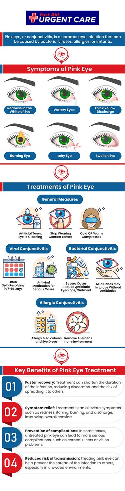 Pink eye is a common eye infection that causes inflammation of the tissues that line the eyelids. It is caused by allergies, irritants, bacteria, and viruses, and it is highly contagious. Pink eye is usually not serious, it is highly manageable and preventable. Pink eye symptoms include redness, irritation, and tearing in the eyes. It can also cause discharge or crusting around the eyes. At Fast Aid Urgent Care, our specialist, Dr. Curtis Grote, MD, and his team offer treatments for pink eye. For more information, contact us or schedule an appointment online. We have convenient locations to serve you in Bulverde Rd San Antonio TX, Bastrop TX, Alamo Ranch San Antonio TX, La Grange TX, Leon Springs San Antonio TX, New Braunfels TX, Potranco Road San Antonio TX, Dripping Springs TX, Lemon Creek Boerne TX, and Belle Chasse LA.