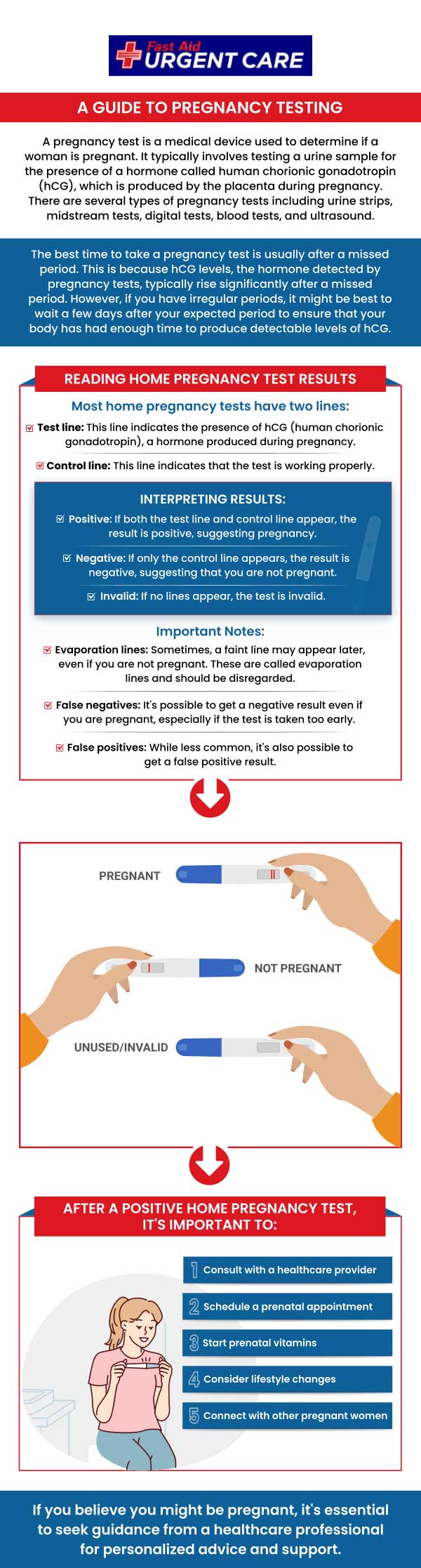 If you think you may be pregnant, come to Fast Aid Urgent Care, and our friendly staff can provide you with all the information you need, including testing. For more information, contact us or join the virtual line. We have convenient locations to serve you in Bulverde Rd San Antonio TX, Bastrop TX, Alamo Ranch San Antonio TX, La Grange TX, Leon Springs San Antonio TX, New Braunfels TX, Potranco Road San Antonio TX, Dripping Springs TX, Lemon Creek Boerne TX, and Belle Chasse LA. If you think you may be pregnant, come to Fast Aid Urgent Care, and our friendly staff can provide you with all the information you need, including testing. For more information, contact us or join the virtual line. We have convenient locations to serve you in Bulverde Rd San Antonio TX, Bastrop TX, Alamo Ranch San Antonio TX, La Grange TX, Leon Springs San Antonio TX, New Braunfels TX, Potranco Road San Antonio TX, Dripping Springs TX, Lemon Creek Boerne TX, and Belle Chasse LA.