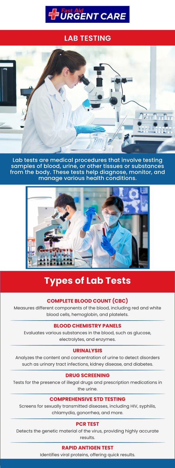 At Fast Aid Urgent Care, our team offers convenient onsite lab testing services for quick and accurate results. We provide a variety of diagnostic tests to support timely diagnosis and effective treatment. Our skilled team ensures you receive personalized care with fast turnaround times to help manage your health efficiently. For more information, please call us or join the virtual line. We have convenient locations to serve you. At Fast Aid Urgent Care, our team offers convenient onsite lab testing services for quick and accurate results. We provide a variety of diagnostic tests to support timely diagnosis and effective treatment. Our skilled team ensures you receive personalized care with fast turnaround times to help manage your health efficiently. For more information, please call us or join the virtual line. We have convenient locations to serve you.