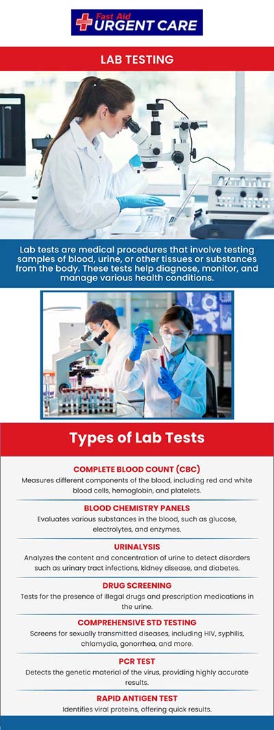 At Fast Aid Urgent Care, our team offers convenient onsite lab testing services for quick and accurate results. We provide a variety of diagnostic tests to support timely diagnosis and effective treatment. Our skilled team ensures you receive personalized care with fast turnaround times to help manage your health efficiently. For more information, please call us or join the virtual line. We have convenient locations to serve you. At Fast Aid Urgent Care, our team offers convenient onsite lab testing services for quick and accurate results. We provide a variety of diagnostic tests to support timely diagnosis and effective treatment. Our skilled team ensures you receive personalized care with fast turnaround times to help manage your health efficiently. For more information, please call us or join the virtual line. We have convenient locations to serve you.