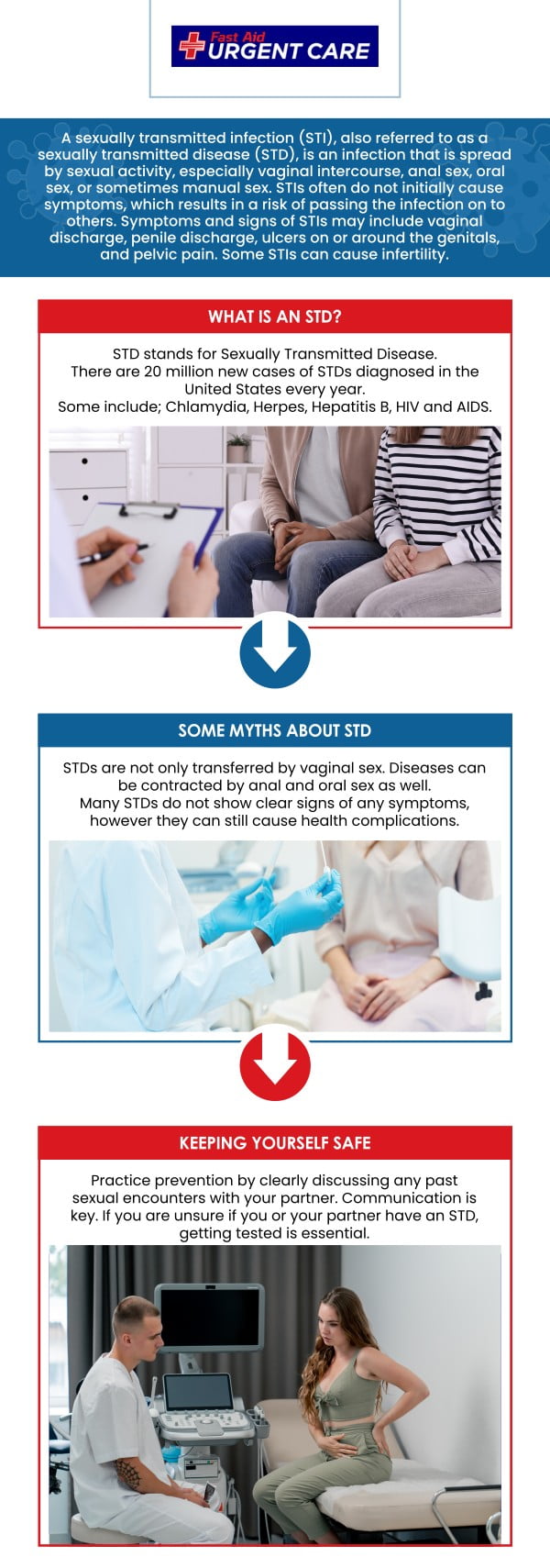 Sexually transmitted diseases (STDs) are a common concern, but many people may not fully understand their risks, symptoms, or the importance of getting tested. At Fast Aid Urgent Care, Dr. Curtis Grote, MD, and our team provide clear, compassionate guidance on STDs, helping you understand the types of infections, how they’re transmitted, and why regular testing is important. For more information contact us or join the virtual line. We have convenient locations to serve you in Bulverde Rd San Antonio TX, Bastrop TX, Alamo Ranch San Antonio TX, La Grange TX, Leon Springs San Antonio TX, New Braunfels TX, Potranco Road San Antonio TX, Dripping Springs TX, Lemon Creek Boerne TX, and Belle Chasse LA. Sexually transmitted diseases (STDs) are a common concern, but many people may not fully understand their risks, symptoms, or the importance of getting tested. At Fast Aid Urgent Care, Dr. Curtis Grote, MD, and our team provide clear, compassionate guidance on STDs, helping you understand the types of infections, how they’re transmitted, and why regular testing is important. For more information contact us or join the virtual line. We have convenient locations to serve you in Bulverde Rd San Antonio TX, Bastrop TX, Alamo Ranch San Antonio TX, La Grange TX, Leon Springs San Antonio TX, New Braunfels TX, Potranco Road San Antonio TX, Dripping Springs TX, Lemon Creek Boerne TX, and Belle Chasse LA.